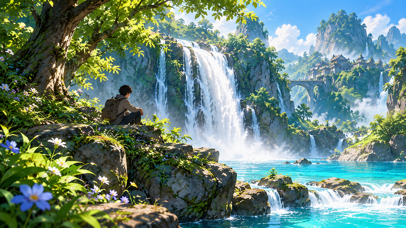 Illustration of a quiet forest waterfall